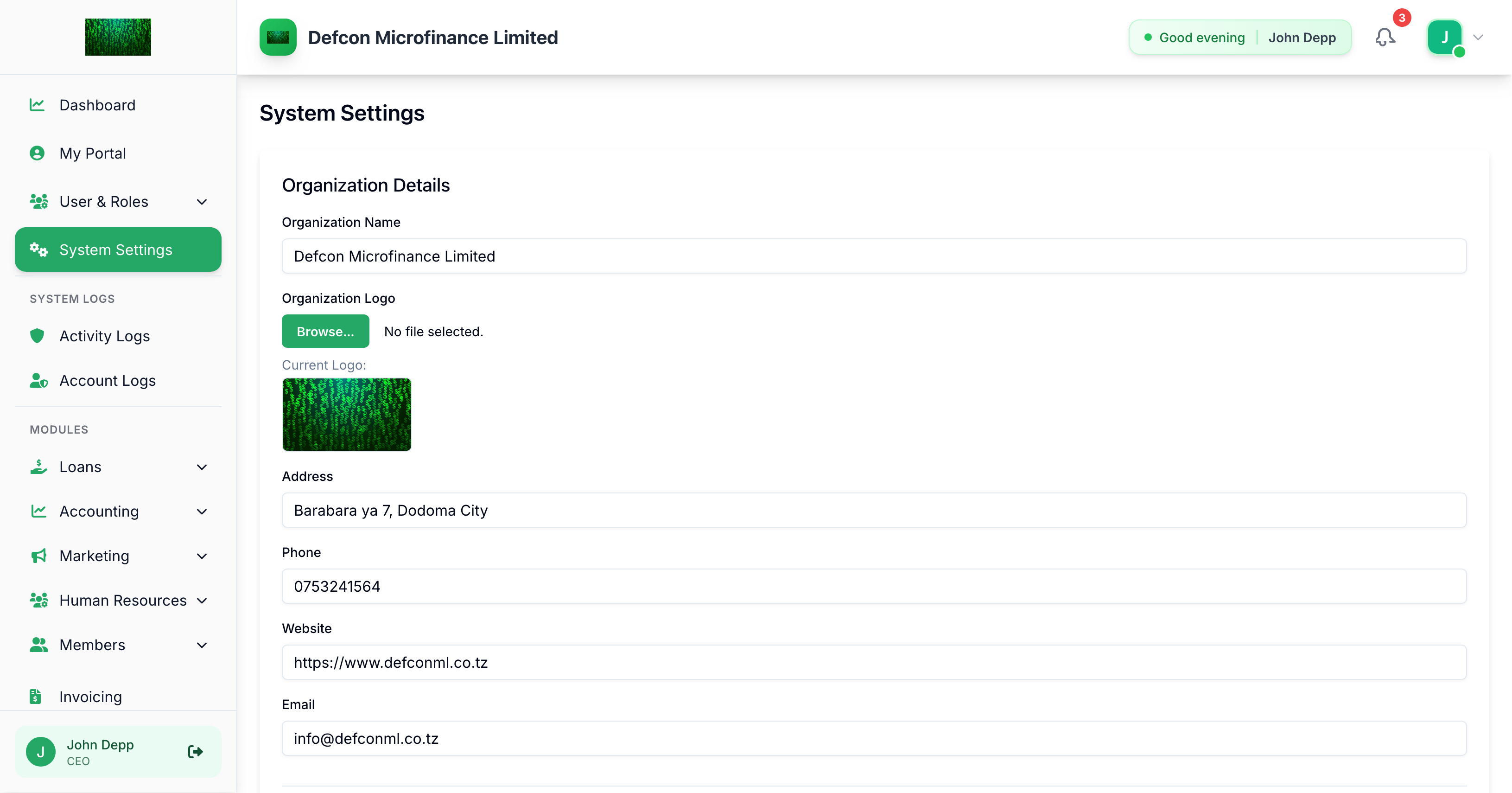 Settings page for the SACCOS software