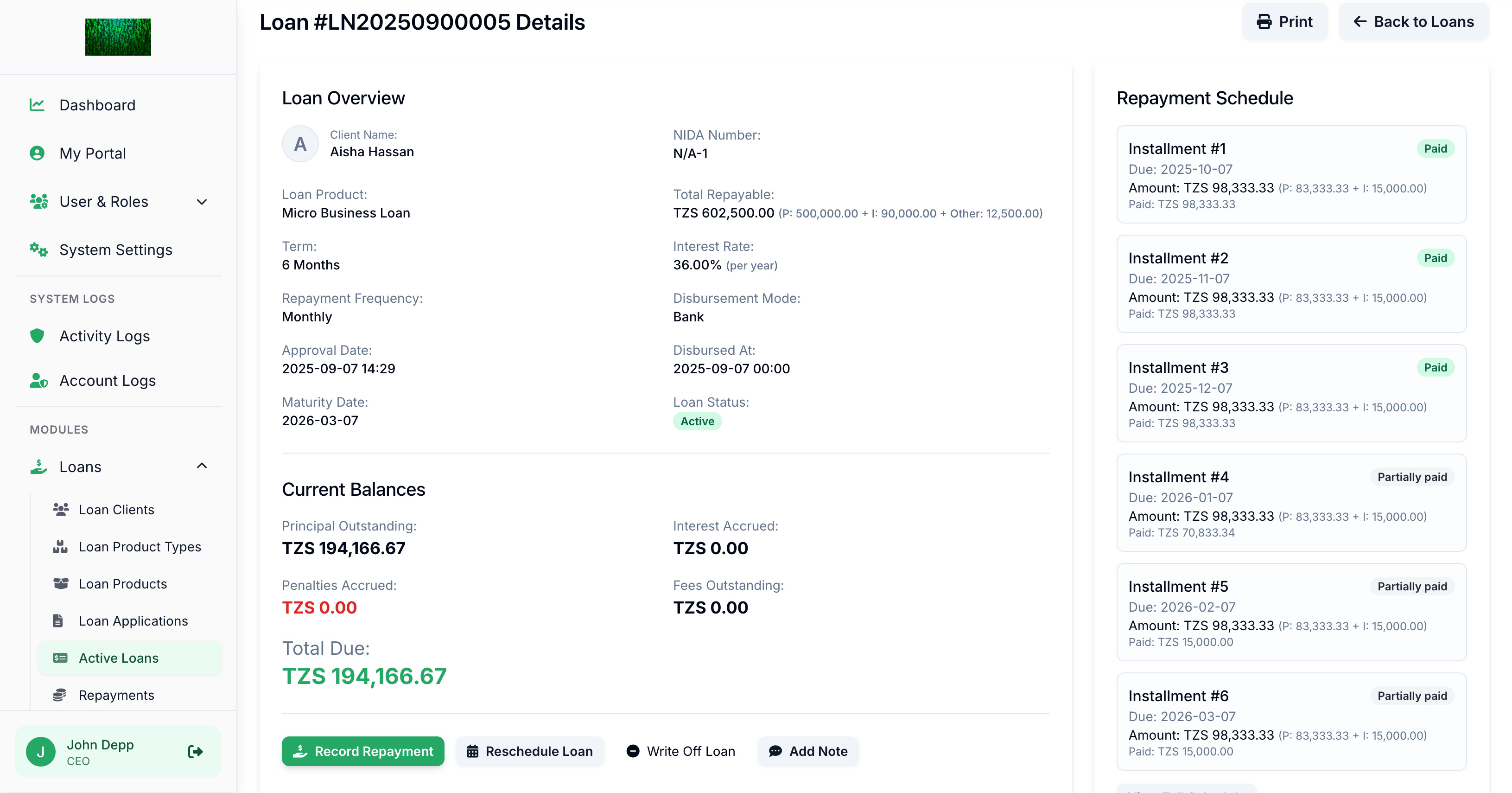Loan Details in the SACCOS ERP